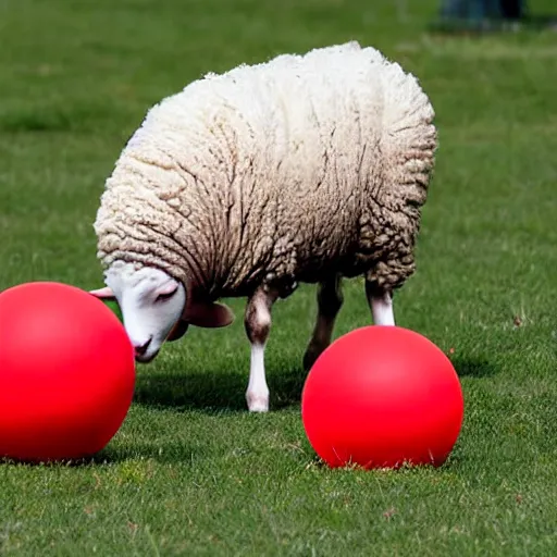 Image similar to sheep and seal playing together with a red ball