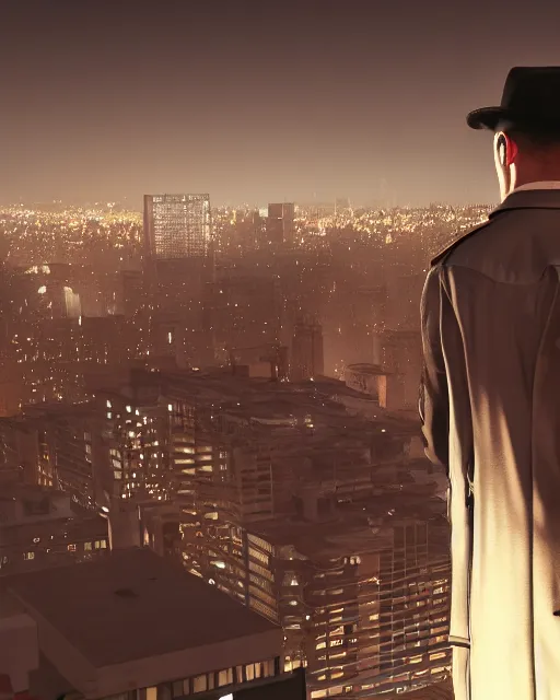 Prompt: a night rooftop scene, close up shot of a photorealistic gangster wearing a trench coat looking at the city below, unreal engine, hyper realism, realistic shading