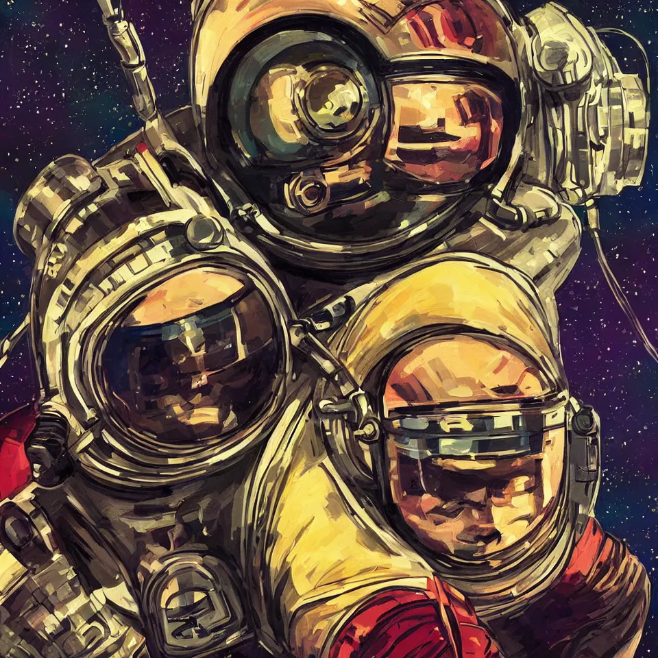 Prompt: a detailed single astronaut helmet wearing a headphone by jack kirby, digital painting, digital art, beautiful, dynamic lighting, cinematic, epic composition, masterpiece