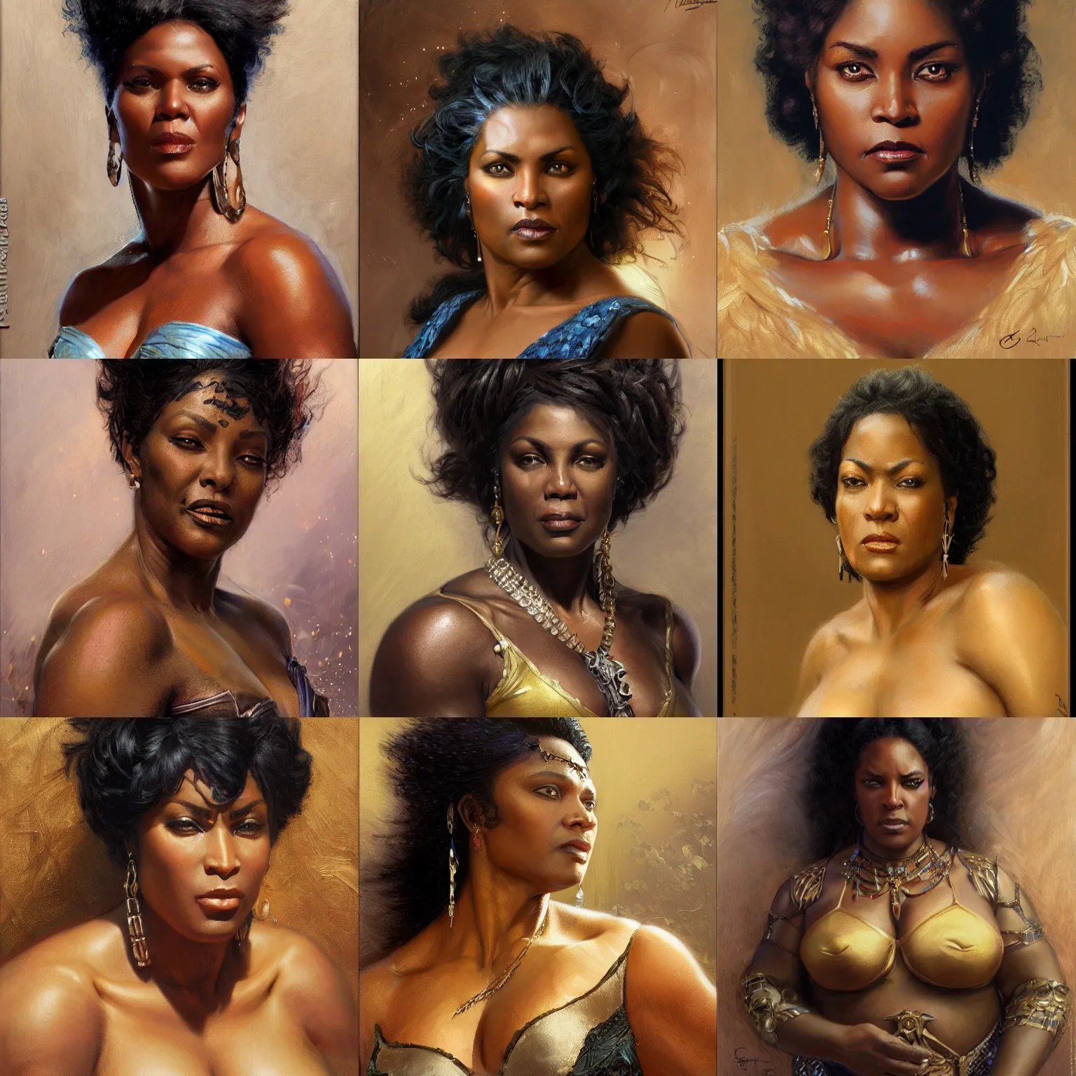 Prompt: portrait of a handsome middle aged african woman with black hair, full figured muscular build, fantasy, highly detailed, sharp focus, highly detailed painting by gaston bussiere, craig mullins, j. c. leyendecker 8 k