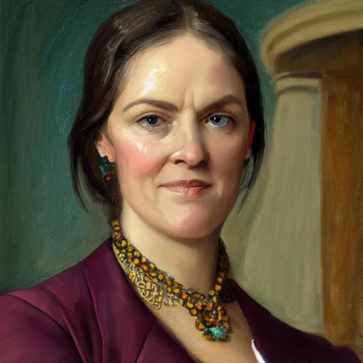 Image similar to official close - up portrait of liz truss in racoon city, alexandria ocasio - cortez, resolute desk, 1 8 4 8, oil on canvas by william sidney mount, trending on artstation, national archives,