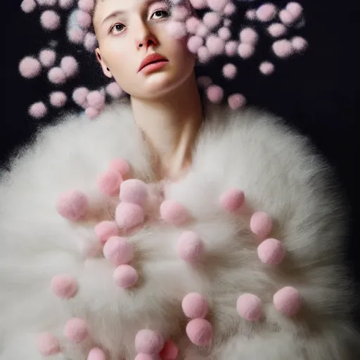 Prompt: portrait of a cute girl with soft pink and white cotton fluffy balls floating in image, fashion photography, highly detailed, digital photography by jheronimus bosch and james jean and james rutkowski