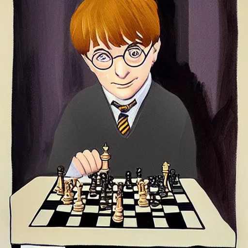 Prompt: harry potter playing chess with an alien and winning in a school, portrait