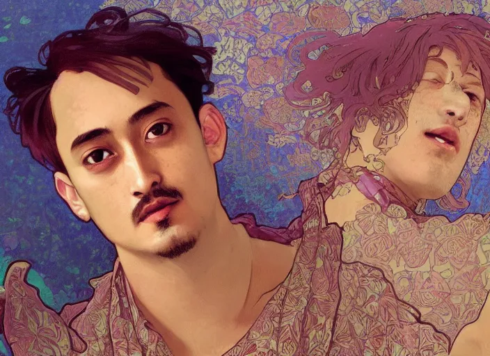 Prompt: Filthy Frank wearing red luxuruous hawaiian vintage shirt, rule of thirds, accurately portrayed, portrait art by alphonse mucha and greg rutkowski, highly detailed, digital painting, concept art, illustration, ethereal lighting with twilight rays of sunlight, trending on artstation, very detailed, smooth, sharp focus, octane render, close up