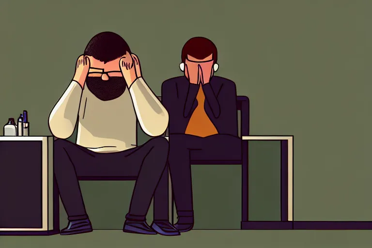 Prompt: hangover man sitting behind computer and sad crying kid staying near the man. high detail, trending on artstation