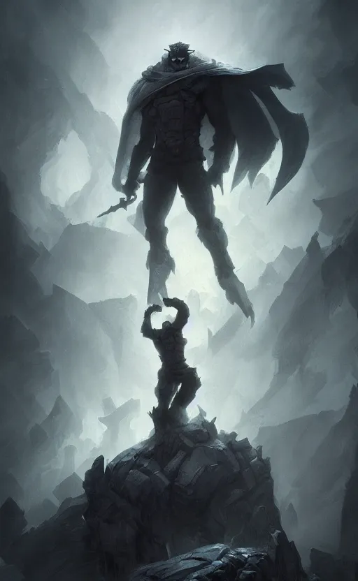 Image similar to Full body centered uncut character pose of mysterious-eerie-ominous He-Man, dark grey shadowy smokey background, atmospheric, cinematic, Epic, ultra-detailed, sharp focus, colored illustration, artwork by Jordan Grimmer and Greg Rutkowski