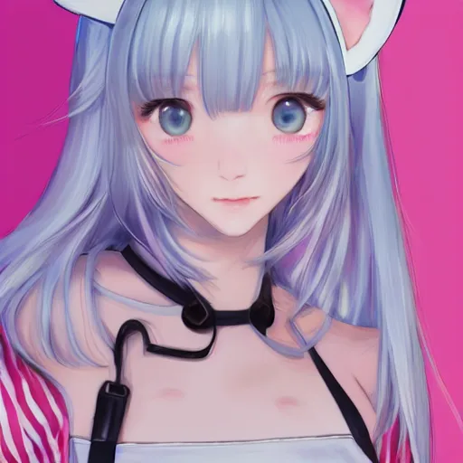 Image similar to realistic detailed semirealism beautiful gorgeous buxom hot girl natural cute excited happy Blackpink Lalisa Manoban white hair white cat ears blue eyes, wearing apron, headphones, black leather choker artwork drawn full HD 4K high resolution quality artstyle professional artists WLOP, Aztodio, Taejune Kim, Guweiz, Pixiv, Instagram, Artstation