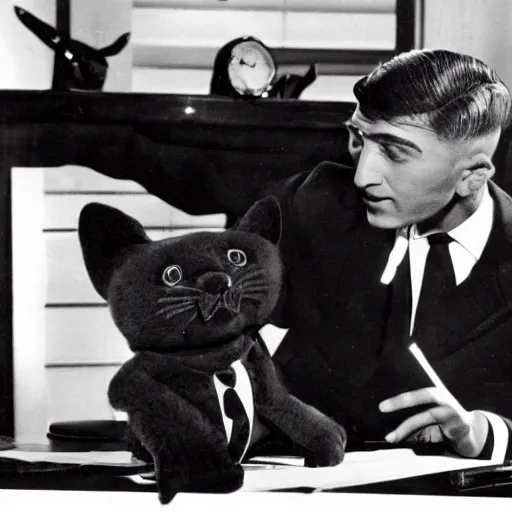 Image similar to 1 9 6 0's news broadcast, a man in vintage suit sitting at a silver desk while being stalked by a gigantic black panther