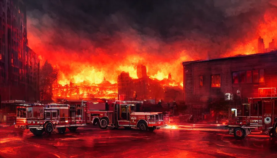 Image similar to A detailed render of a scene of Fire and explosions at the 3rd precinct in Minneapolis on fire, sci-fi concept art, lots of fire, dark, clouds, 8k, high detail, advanced rendering whimsically designed art, 4k post-processing highly detailed, Soft illumination