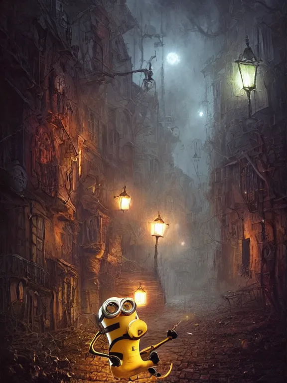 Image similar to lots of scary Minions chasing me at night,dark street,dim light,realistic,by Alex Horley,Heather Theurer,aaron horkey,Greg Rutkowski,trending on pinterest,full of color,cinematic,cinematic lighting