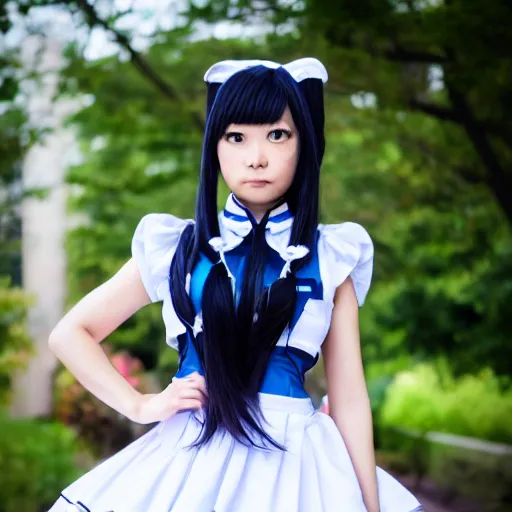 Prompt: a symmetric and beautiful face, high definition photo of a cosplayer with twin tails, wearing maid uniform, photo taken with Sony a7R