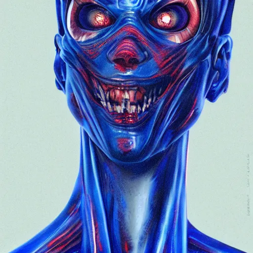 Prompt: a dark crimson cobalt blue humanoid, hyper detailed, in the style of wlop and junji ito and and h. r. giger and junji ito and greg rutkowski and wlop and ruan jia and uon, selfie