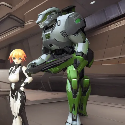 Prompt: master chief from halo holding vanilla from nekopara with the arbiter in background staring jealously