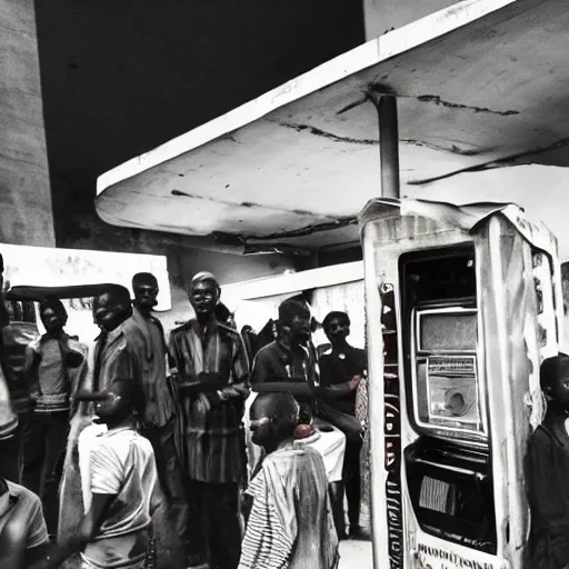 Prompt: old polaroids of futuristic african bus stops with informal sellers and digital screens, big crowd, robotic police guards watch over the crowd