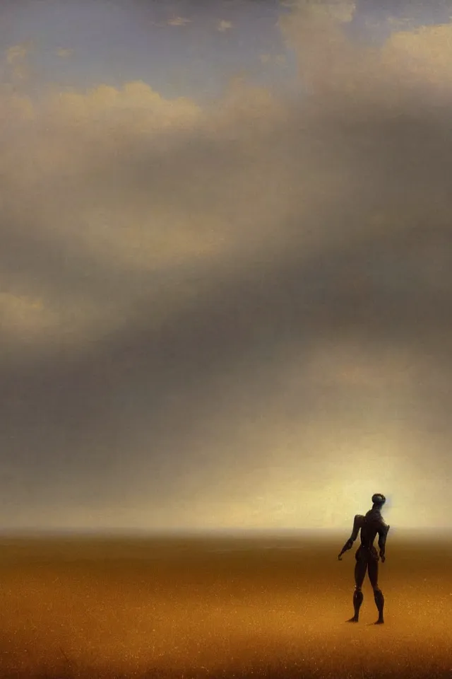 Image similar to concept art of the back view of one humanoid robot on the ground, many distant big tall buildings far away, vast wheat fields, by Ivan Aivazovsky, godrays, atmospheric, cinematic, distant world, wide angle, detailed