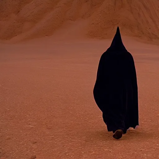 Image similar to a man wearing a long cloak and hood, in the desert, film still, arriflex 3 5