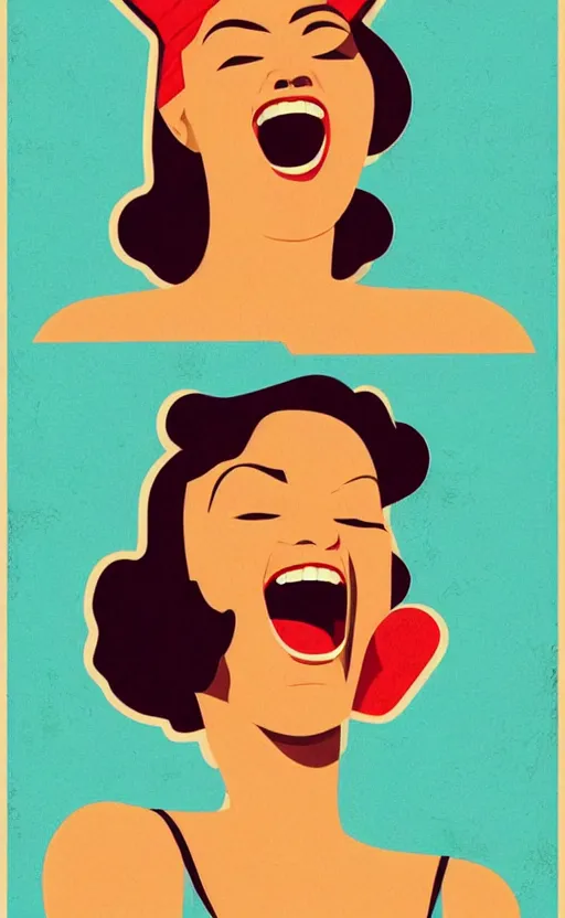 Image similar to illustration with a woman laughing out loud, art deco painting by tom whalen, funny meme photo, trending on behance, digital illustration, storybook illustration, grainy texture, flat shading, vector art, airbrush, pastel, watercolor, poster