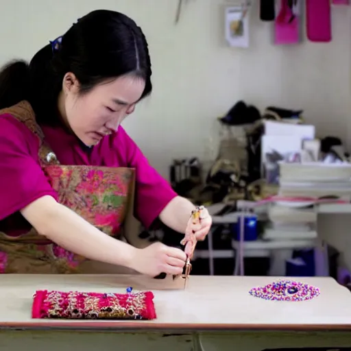 Image similar to A chinese female goldsmith at her desk crafting a necklace