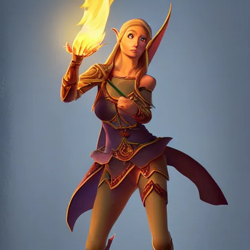 Image similar to a realistic illustration of a top half of a body of a female elf casting a fire spell