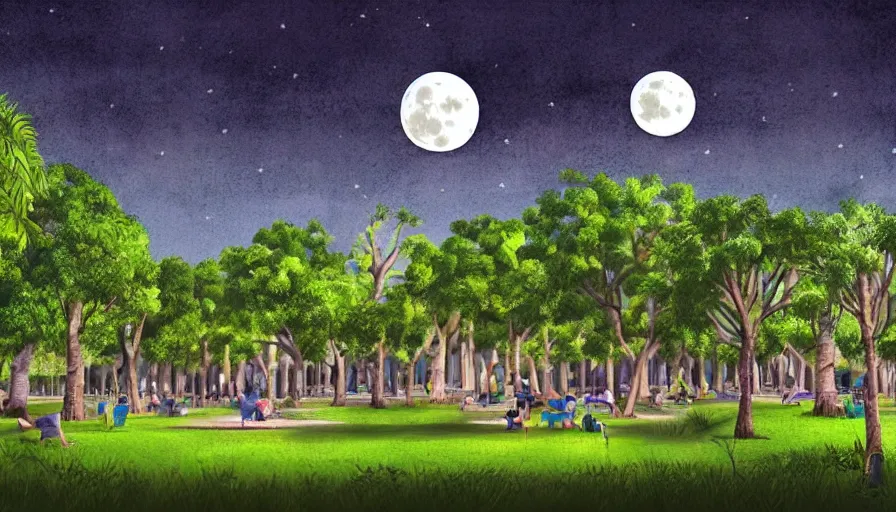 Image similar to a city park in Merida Yucatan Mexico with Ceiba trees and a full moon. fantasy illustration