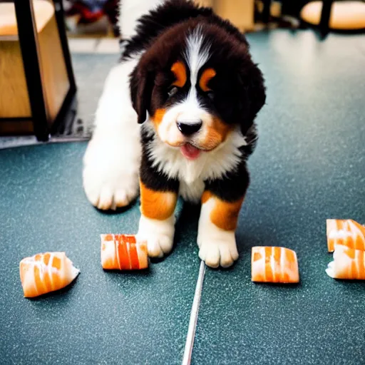 Image similar to Bernese Mountain Dog puppy eating nigiri sushi at a Japanese restaurant