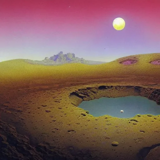 Image similar to a landscape on the moon with many craters, barren moon landscape, a broken moon lander, in a big crater at the center there is a beautiful flowering garden, 8 k, lowbrow in the style of martin johnson heade, roger dean and daniel merriam,