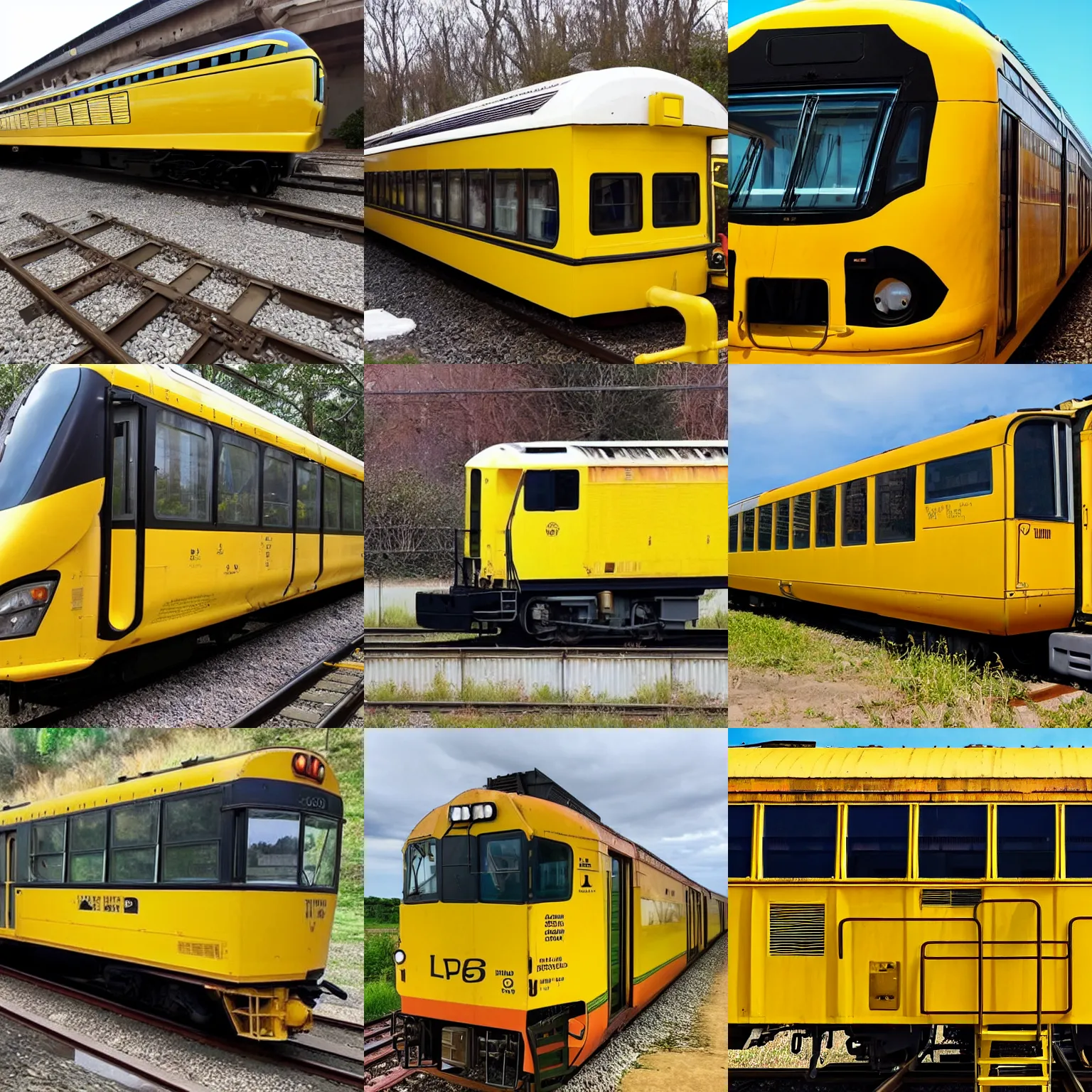 Prompt: A train painted like a yellow school bus