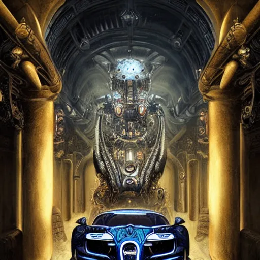 Prompt: biomechanical shiny steampunk bugatti chiron with (glowing) lights parked in ancient lush palace, gothic and baroque, brutalist architecture, ultradetailed, creepy ambiance, fog, artgerm, giger, Intricate by Ellen Jewett and Josan Gonzalez and Giuseppe Arcimboldo