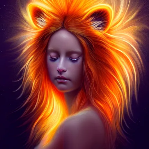 Image similar to Portrait of a girl angel with pale orange colored frizzy strands of illuminated hair, Lion essence, cat ears on her head, glowing halo, Lion's Mane, Cosmic, Lion's Gate, 8/8, fantasy, intricate, elegant, highly detailed, digital painting, artstation, concept art, smooth, sharp focus, illustration, art by Krenz Cushart and Artem Demura and alphonse mucha