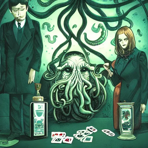 Prompt: Cthulhu as a modern day business man with a family and a drug and gambling addiction, Junji Ito and Greg rutkowski, psychedelic , 50s style infomercial , award winning , retro futuristic