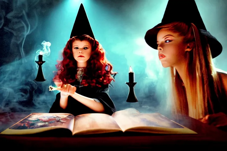 Prompt: close up portrait, dramatic lighting, teen witch casting a spell over a large open book on a table with dynamic action, cat on the table in front of her, sage smoke, a witch hat cloak, apothecary shelves in the background, still from tim burton movie,