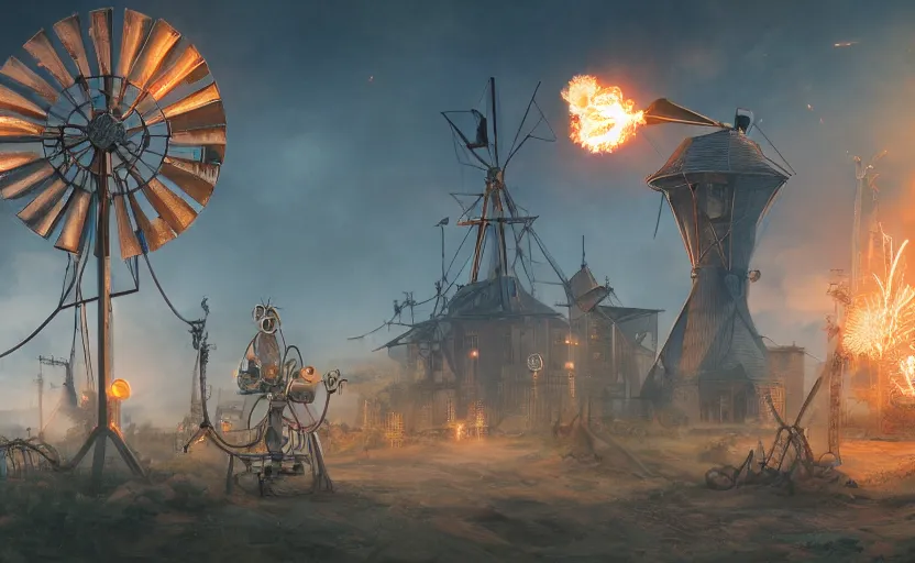 Image similar to a steampunk windmill, robot, fire, ash, electricity lightning, furry, soft, concept art, sharp focus, intricate details, highly detailed, photorealistic, disney pixar, octane render, iridescent, anime, 8 k