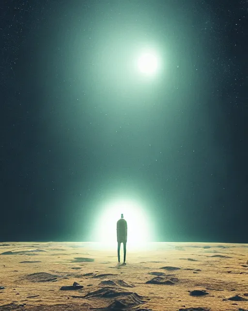 Image similar to a person standing in front of a glowy open door that's on a barren moon, poster art by mike winkelmann, trending on cg society, space art, sci - fi, ue 5, futuristic, volumetric lighting, light casting onto the ground, neat composition and camera angle