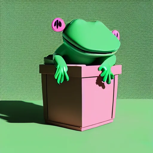 Image similar to isometric minimalistic precisionist backroom with pepe the frog and trashcans, cinema 4 d, 1 0 0 0 0 mm, green and pink color scheme depth of field, octane render, studio lighting