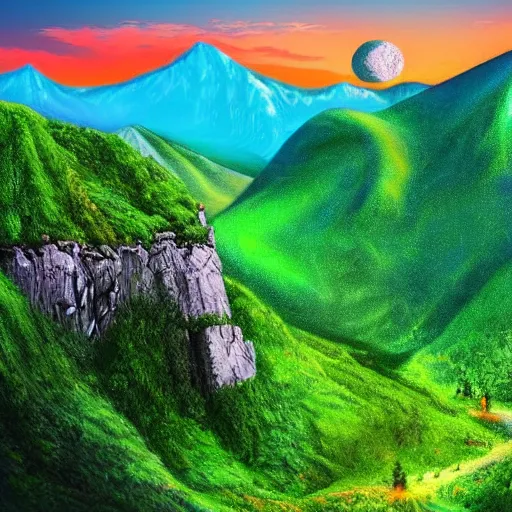 Prompt: the most beautiful and lush landscape in the universe, colorful mountains and green hills, planets in the sky and shooting stars, realistic lighting