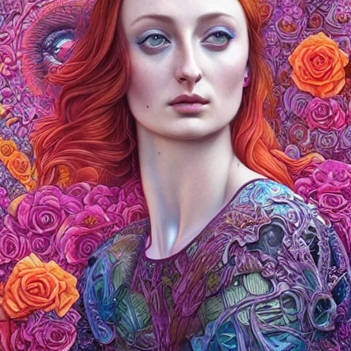 Prompt: portrait of sophie turner, hyper detailed masterpiece, neon floral pattern, jean giraud, digital art painting, darkwave goth aesthetic, psychedelic, artgerm, donato giancola and tom bagshaw