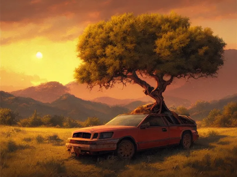 Prompt: low angle shot of an oak tree growing inside a scrap car in the foreground. overgrown. soft golden red sunset over the mountains in the background. clouds. hyperrealistic, highly detailed, cinematic, beautiful, cgsociety, artstation, oil painting by greg rutkowski, by artgerm, by wlop