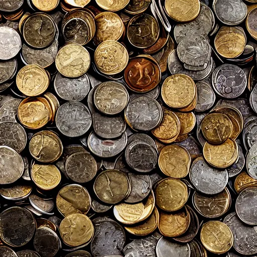 Prompt: An enormous treasure trove filled with several piles of coins in gold, silver and copper, wide shot, ultra-high definition, 4K, museum quality photo