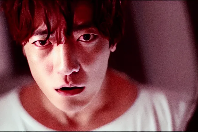 Image similar to film still of jungkook in cosmic horror! the musical by david cronenberg, horror sci fi, 3 5 mm film, atmospheric, ultra fine detail, film grain, photorealistic, dramatic lighting