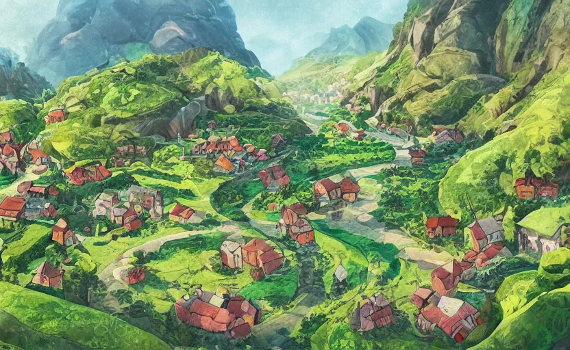 Image similar to a small village in a valley, villagers busy farming, a dragon in a distance, storybook, gouache, flat, concept art, lush, print