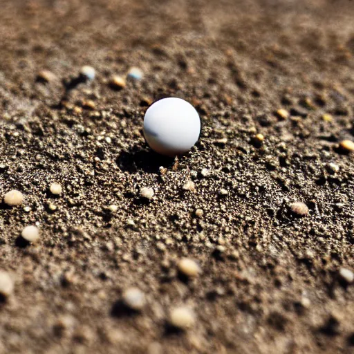 Prompt: macro photo bright day of a tiny sphere containing an oasis world placed on the ground gobi desert in background
