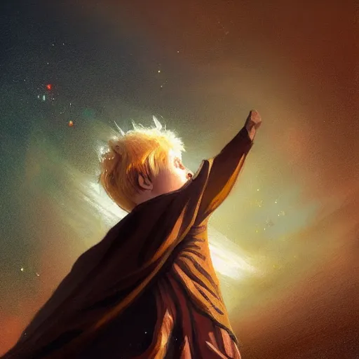 Image similar to blonde boy wearing a brown cape and flying in t pose, closeup, powerful, space background, oil painting, brush strokes, greg rutkowski