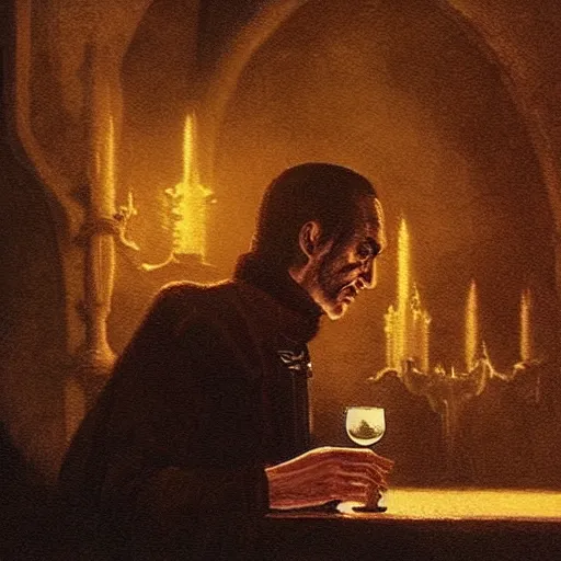 Prompt: “Strahd von Zarovich holding a glass of wine and a lit match, sitting atop a church altar. Ominous, dramatic, photorealistic.”