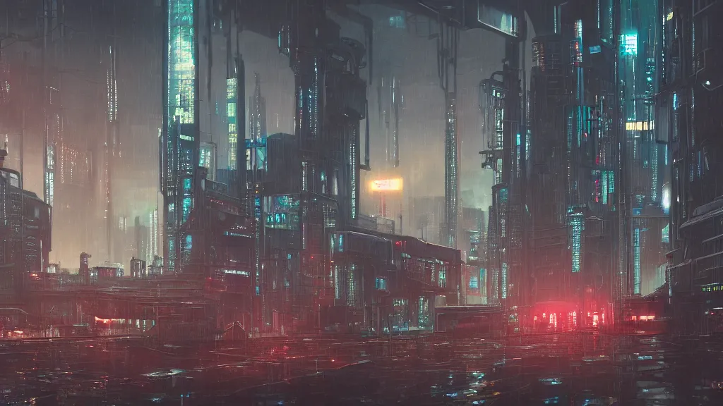 Image similar to cyberpunk industrial site. cyberpunk factories. cyberpunk city backdrop. night time. blade runner. rain. rail tracks. cyberpunk industrial area. digital render. digital painting. cyril roland. ross tran. trending on artstation