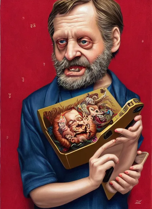 Prompt: Slavoj Zizek eating a smartphone Mark Ryden and Alex Gross, Todd Schorr highly detailed