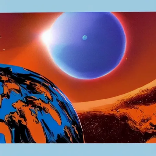 Image similar to orange and blue alien planet horizon with mountains and a solar eclipse, marvel comic book double page