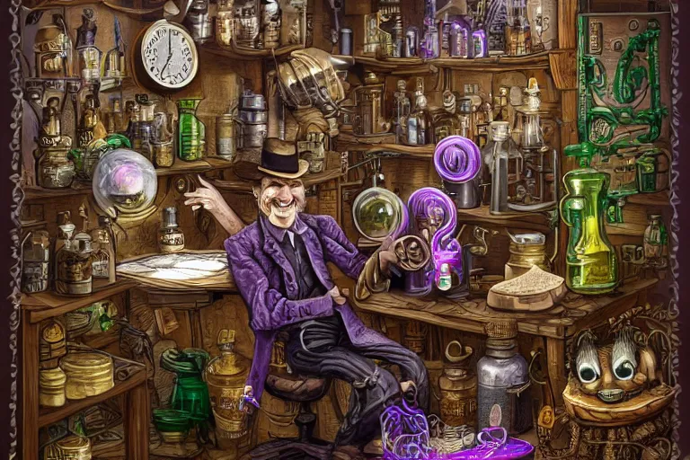 Image similar to Uncle Aloysius, snake oil salesman, wild west crypto pharmaceutical industrialist locomotive petroleum apothecary alchemist tinkerer engineer, cute, fantasy, intricate, elegant, highly detailed, digital painting, 4k, HDR, concept art, smooth, sharp focus, illustration, purple green color scheme, art by Ed Roth and H R Giger and Greg Rutowski and Lisa Frank