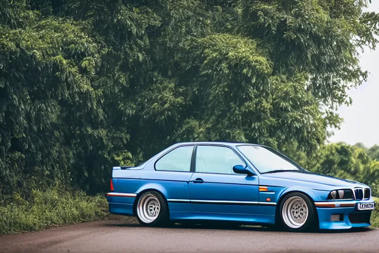 Prompt: A modified blue BMW e36 parked in a road with trees, rainy season, Epic photography, taken with a Leica camera, 500 mm focal length, f/1.5 aperture, depth of field