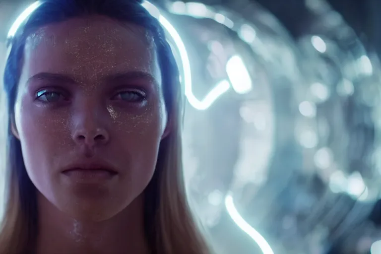 Image similar to VFX movie of a futuristic cyborg closeup portrait in high tech compound, beautiful natural skin neon lighting by Emmanuel Lubezki