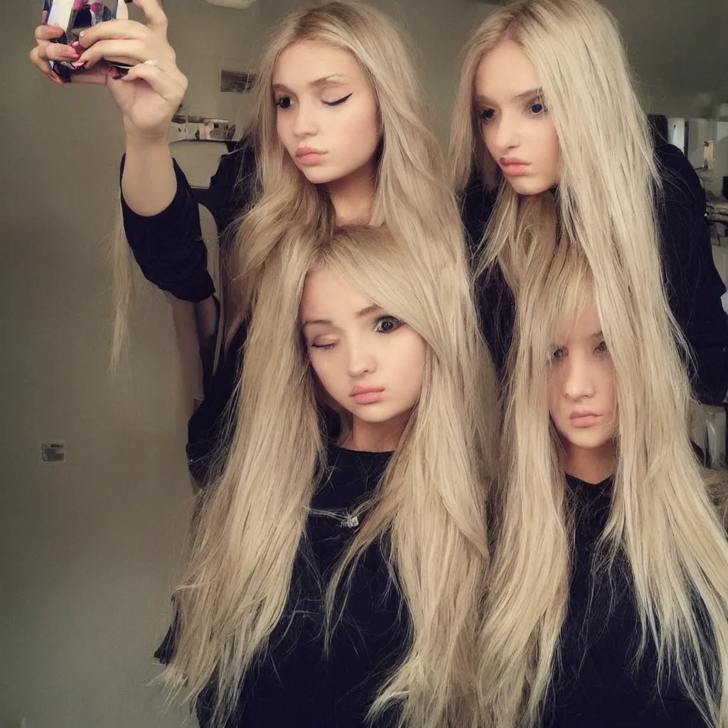 Image similar to a selfie of a beautiful girl pouting with extremely long blonde hair